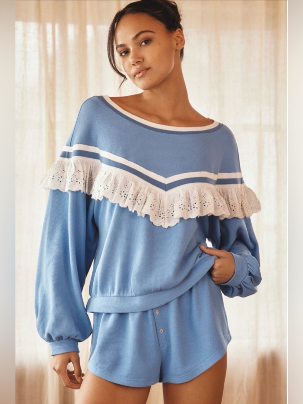 Anthropologie Blue Sweatshirt with White Eyelet Ruffle Trim